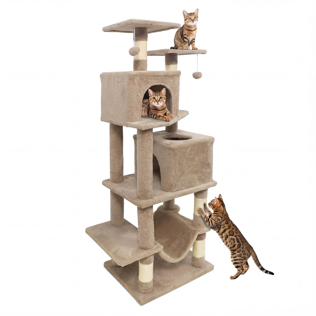 57 Inch Cat Tree with Dual Condos and Hammock and 2 Dangling Balls