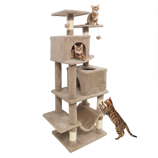 57 Inch Cat Tree with Dual Condos and Hammock and 2 Dangling Balls