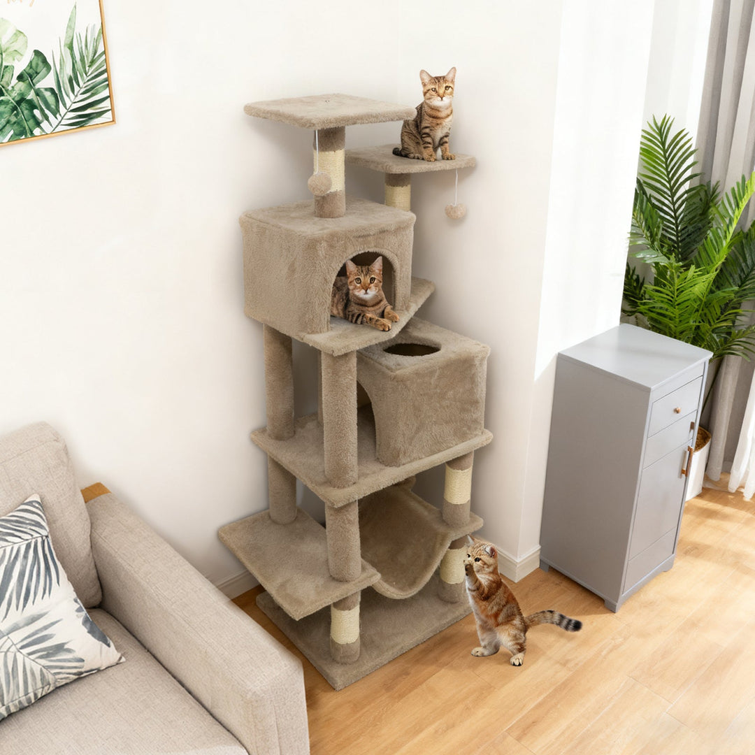 57 Inch Cat Tree with Dual Condos and Hammock and 2 Dangling Balls