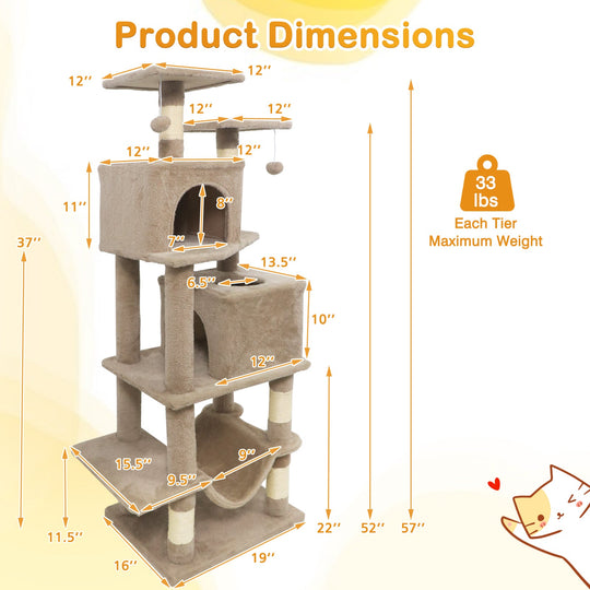 57 Inch Cat Tree with Dual Condos and Hammock and 2 Dangling Balls