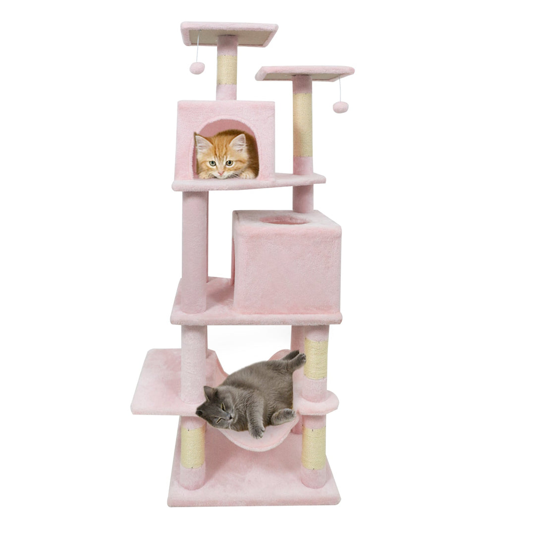 57 Inch Cat Tree with Dual Condos and Hammock and 2 Dangling Balls