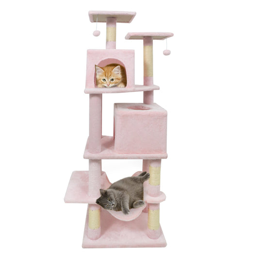 57 Inch Cat Tree with Dual Condos and Hammock and 2 Dangling Balls
