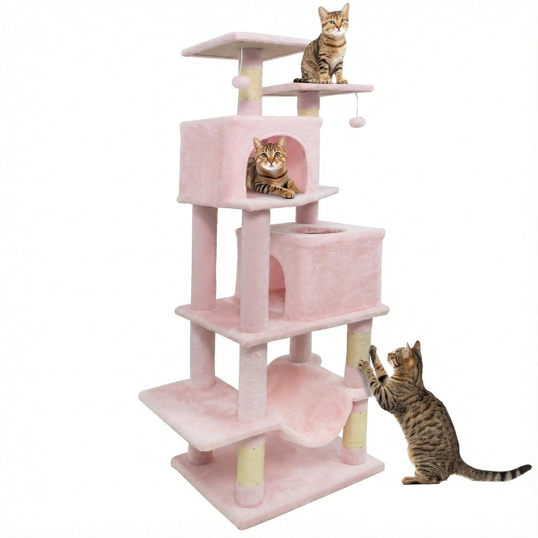 57 Inch Cat Tree with Dual Condos and Hammock and 2 Dangling Balls