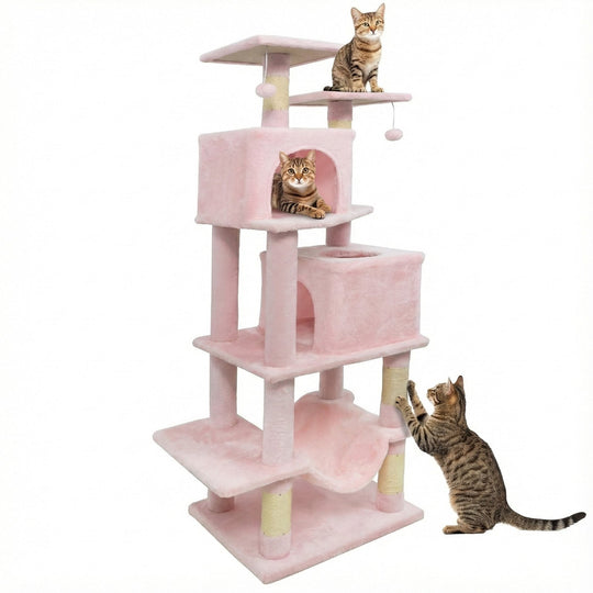57 Inch Cat Tree with Dual Condos and Hammock and 2 Dangling Balls