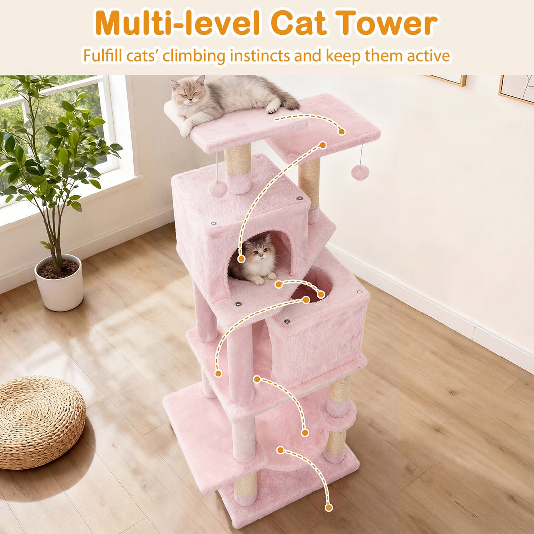 57 Inch Cat Tree with Dual Condos and Hammock and 2 Dangling Balls