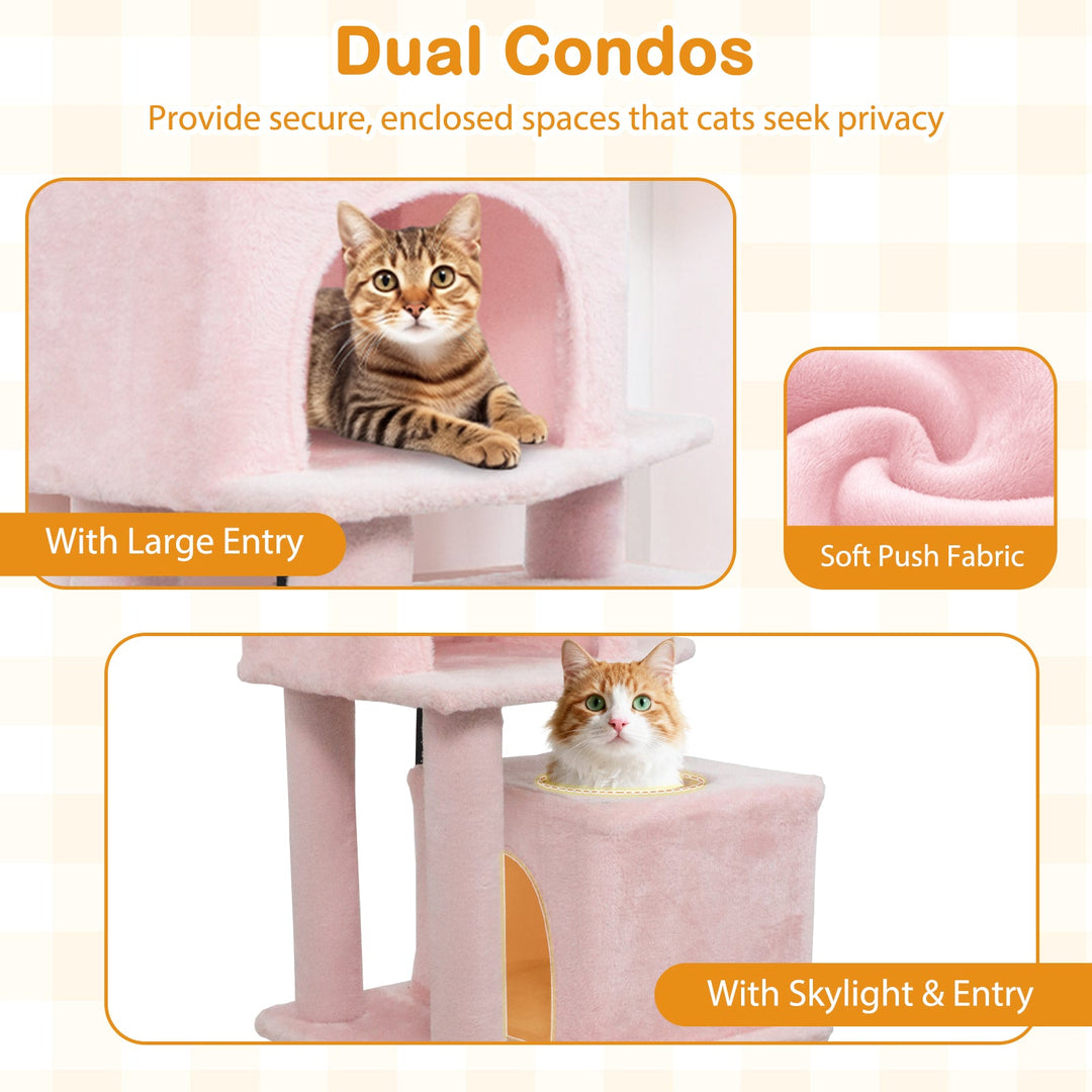 57 Inch Cat Tree with Dual Condos and Hammock and 2 Dangling Balls