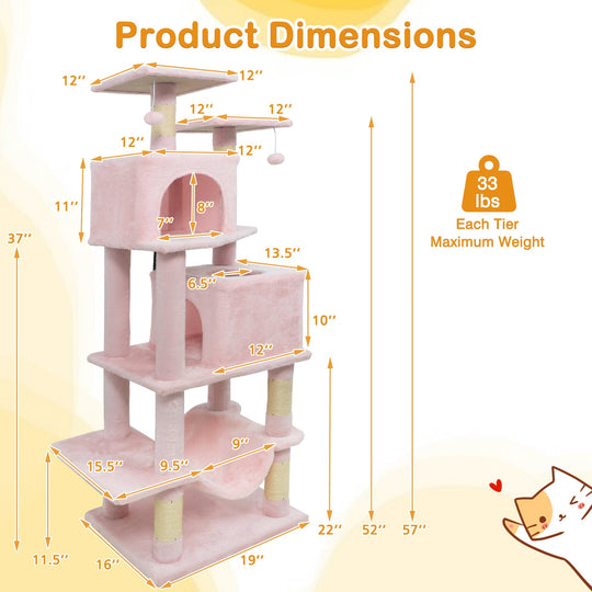 57 Inch Cat Tree with Dual Condos and Hammock and 2 Dangling Balls