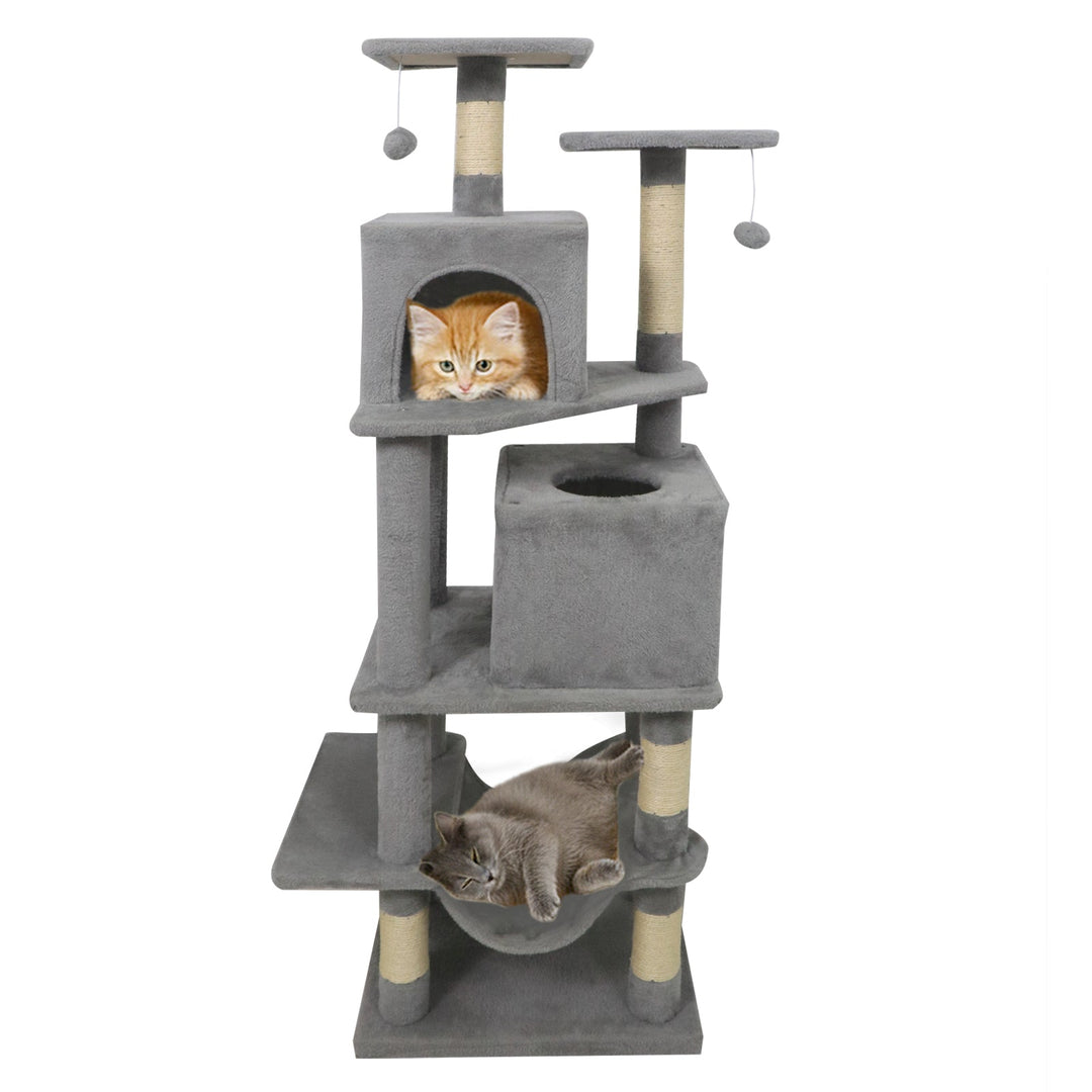 57 Inch Cat Tree with Dual Condos and Hammock and 2 Dangling Balls