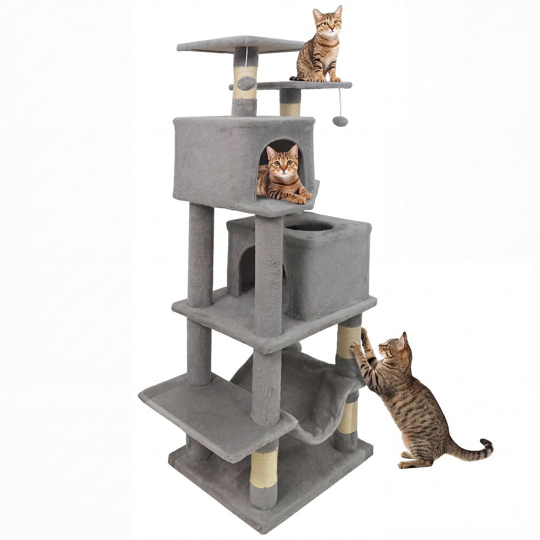 57 Inch Cat Tree with Dual Condos and Hammock and 2 Dangling Balls