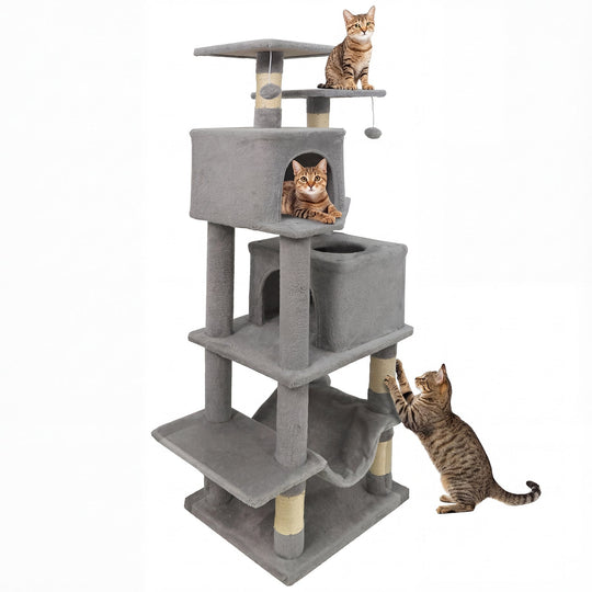 57 Inch Cat Tree with Dual Condos and Hammock and 2 Dangling Balls