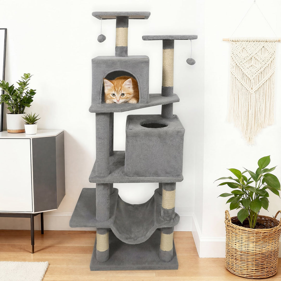 57 Inch Cat Tree with Dual Condos and Hammock and 2 Dangling Balls