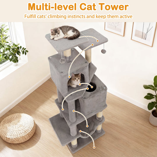 57 Inch Cat Tree with Dual Condos and Hammock and 2 Dangling Balls