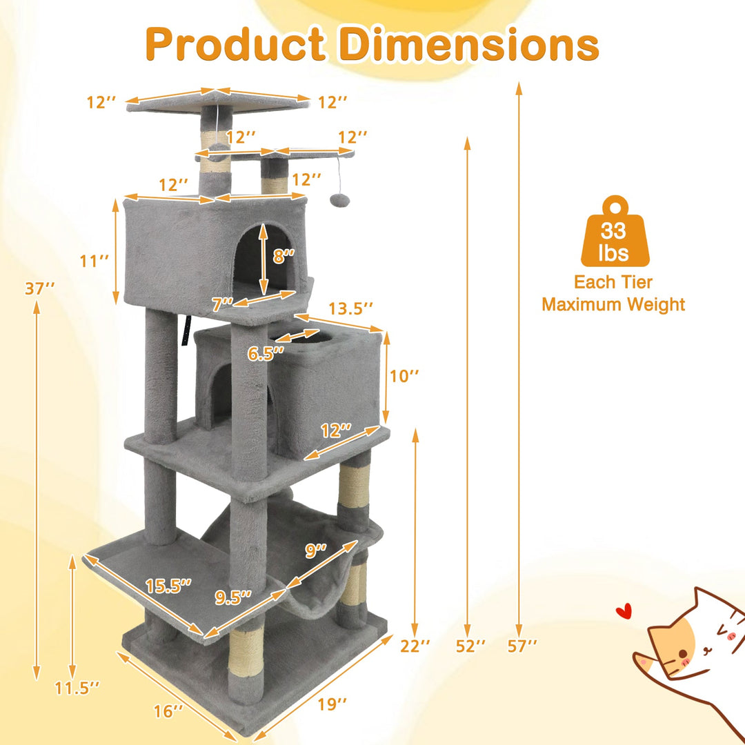 57 Inch Cat Tree with Dual Condos and Hammock and 2 Dangling Balls