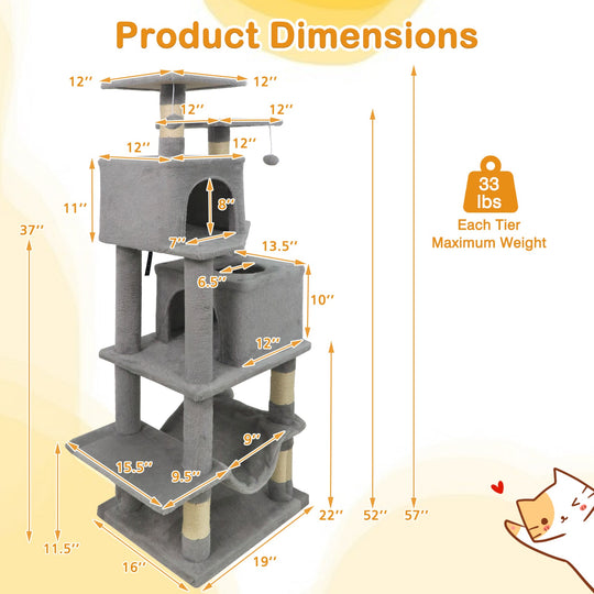 57 Inch Cat Tree with Dual Condos and Hammock and 2 Dangling Balls