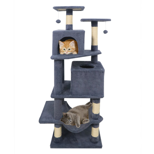 57 Inch Cat Tree with Dual Condos and Hammock and 2 Dangling Balls