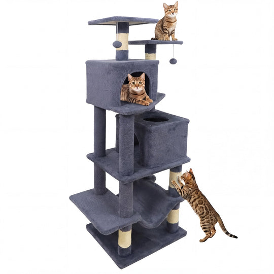57 Inch Cat Tree with Dual Condos and Hammock and 2 Dangling Balls