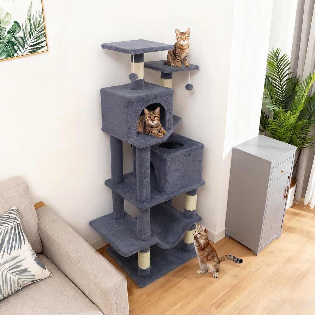 57 Inch Cat Tree with Dual Condos and Hammock and 2 Dangling Balls