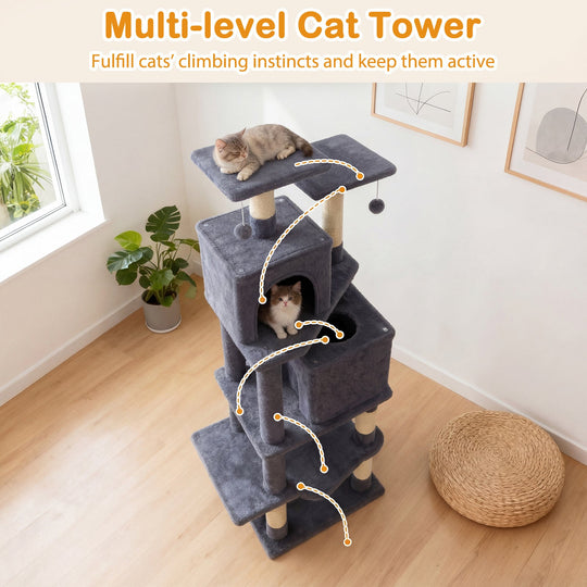 57 Inch Cat Tree with Dual Condos and Hammock and 2 Dangling Balls