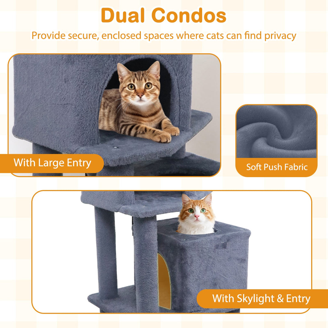 57 Inch Cat Tree with Dual Condos and Hammock and 2 Dangling Balls