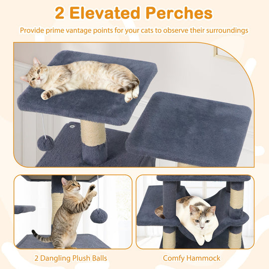 57 Inch Cat Tree with Dual Condos and Hammock and 2 Dangling Balls