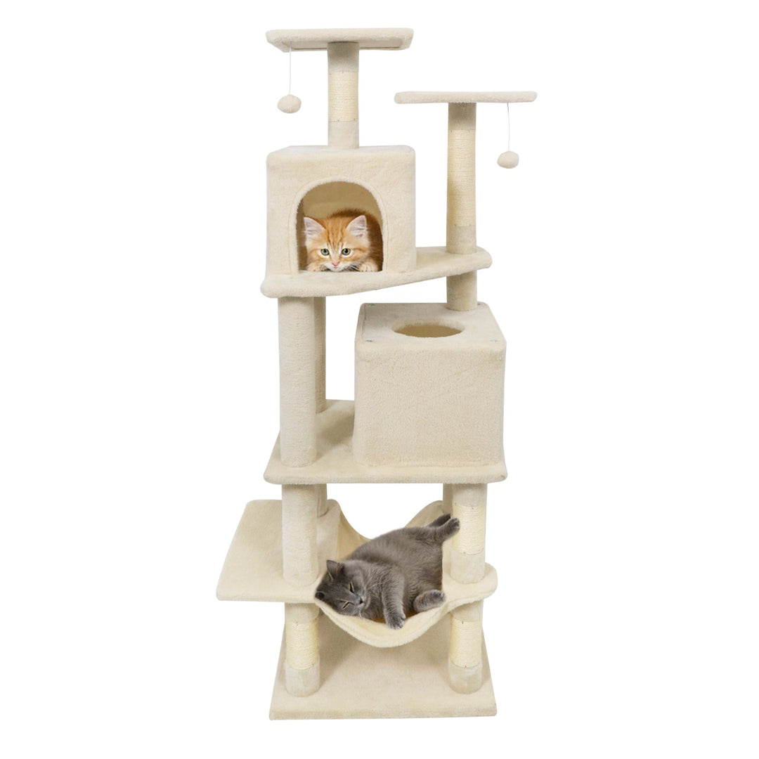 57 Inch Cat Tree with Dual Condos and Hammock and 2 Dangling Balls