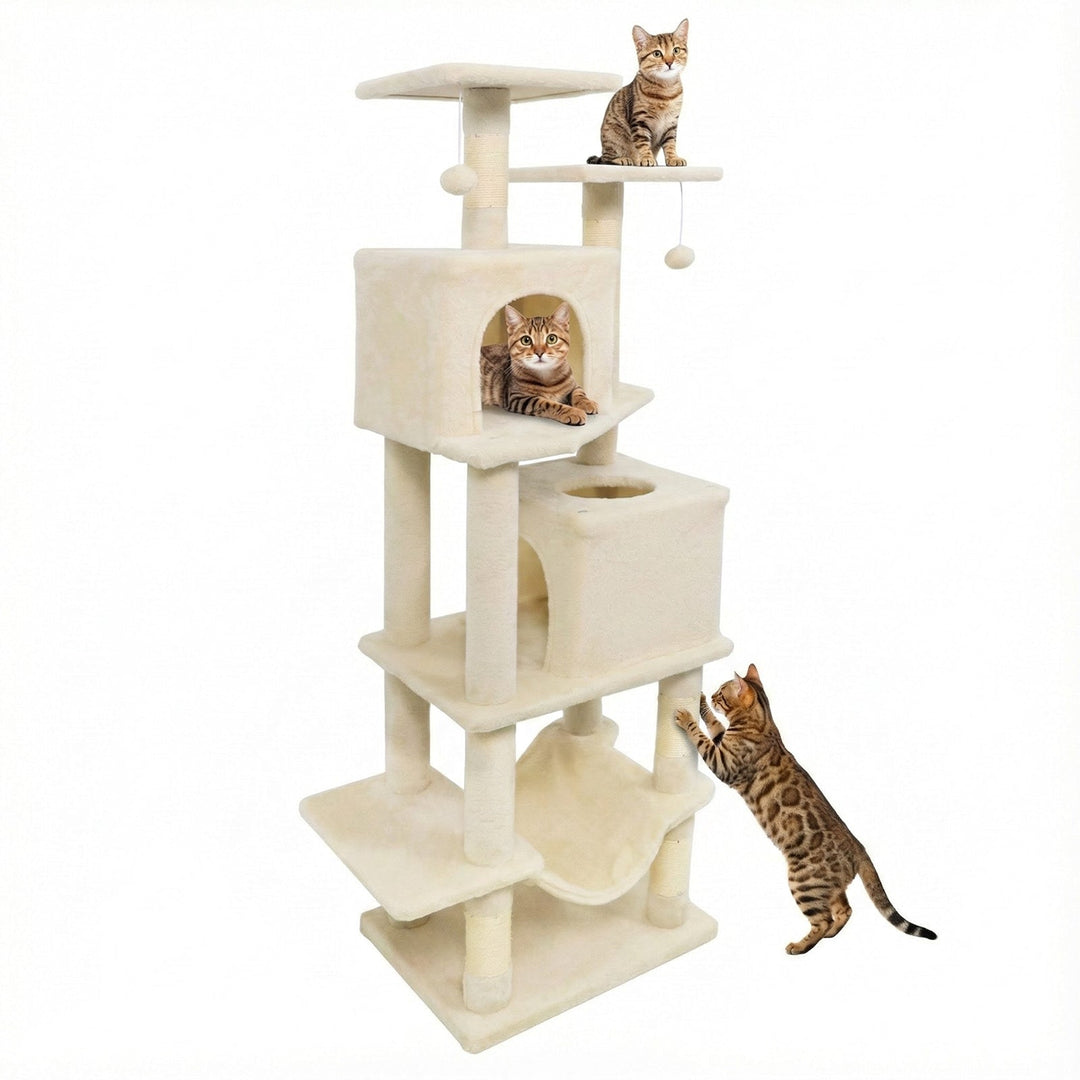 57 Inch Cat Tree with Dual Condos and Hammock and 2 Dangling Balls