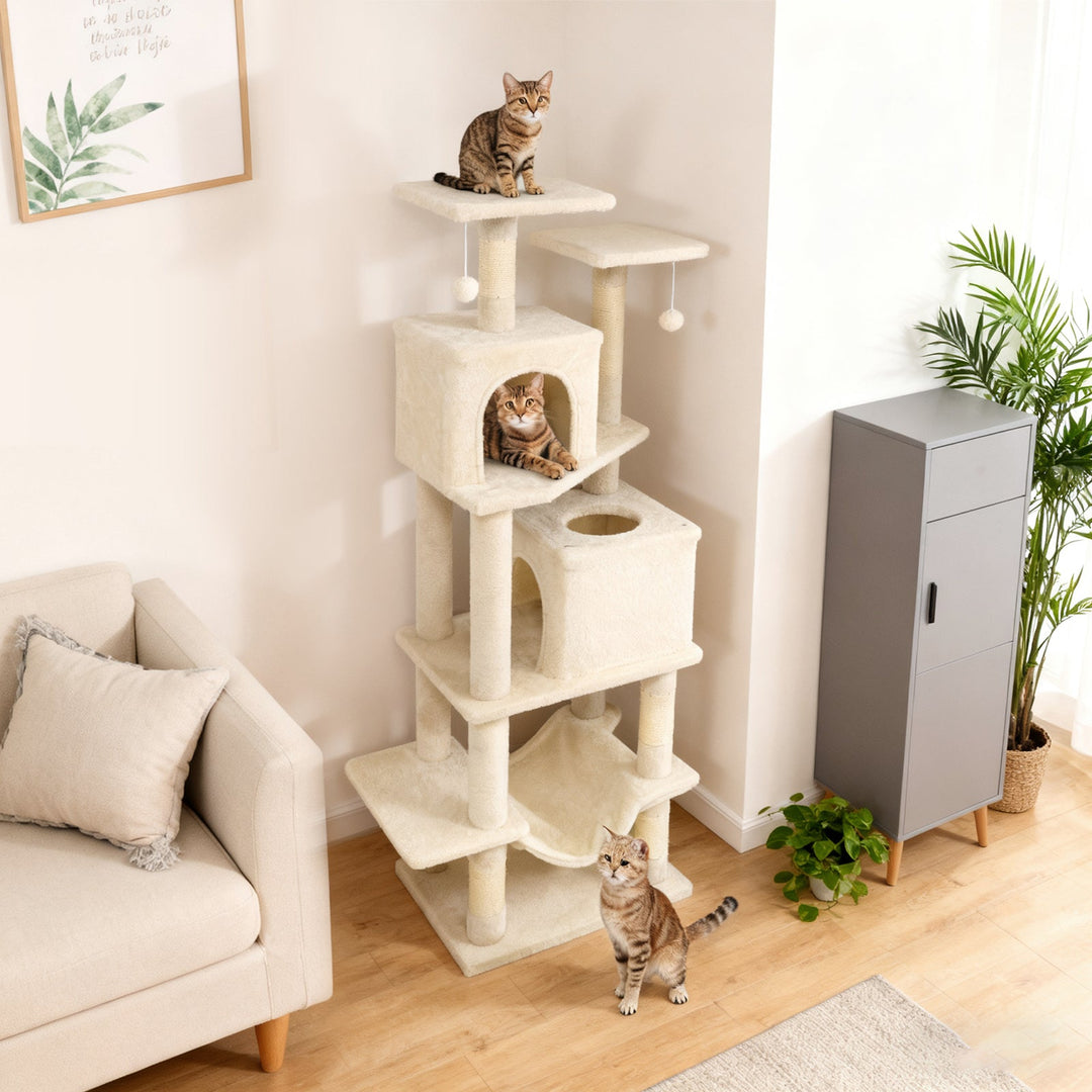 57 Inch Cat Tree with Dual Condos and Hammock and 2 Dangling Balls