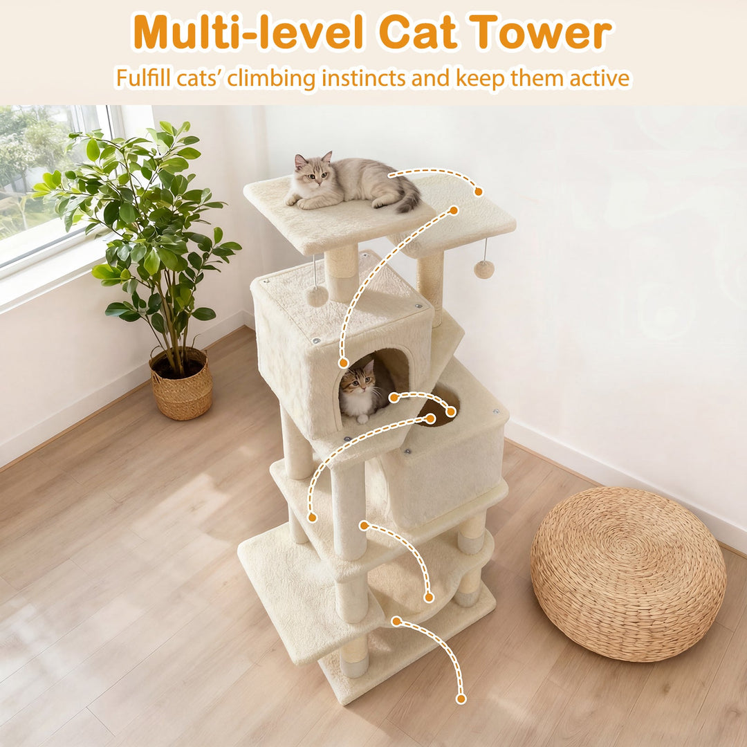 57 Inch Cat Tree with Dual Condos and Hammock and 2 Dangling Balls