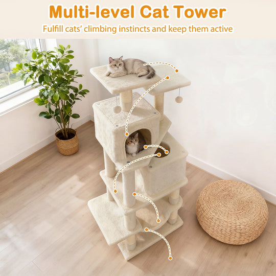 57 Inch Cat Tree with Dual Condos and Hammock and 2 Dangling Balls