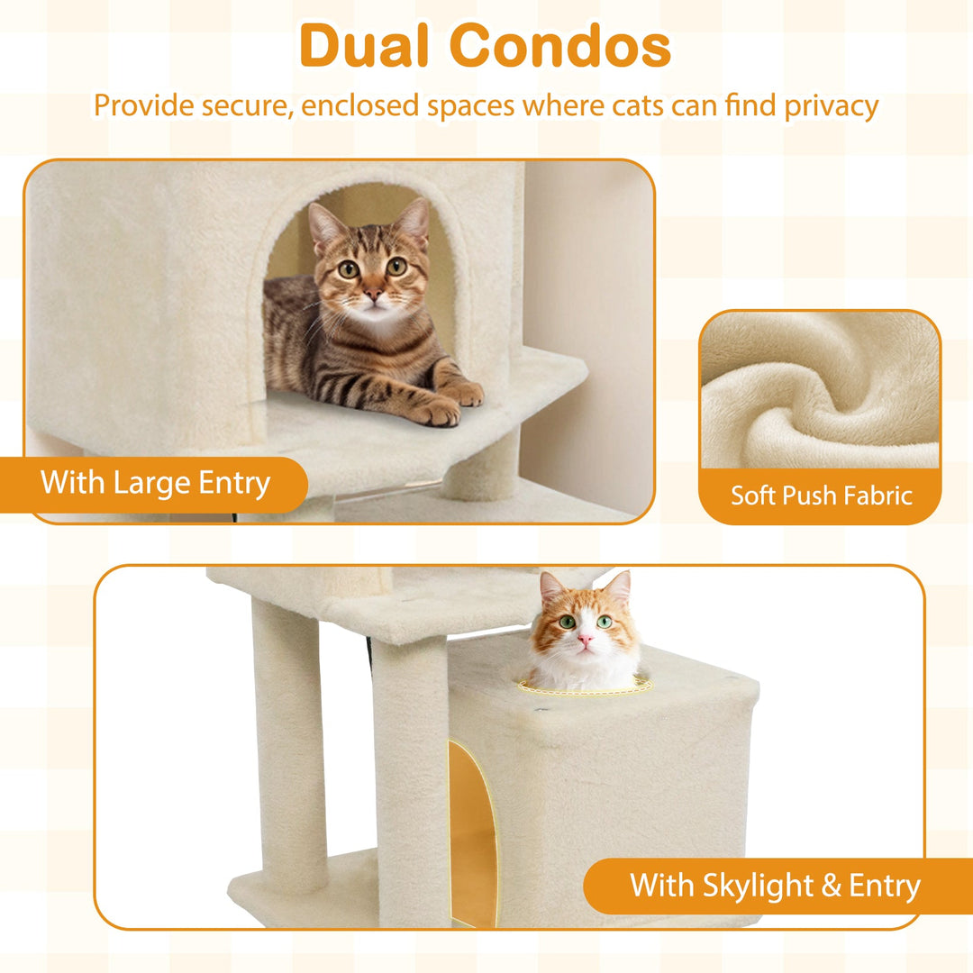 57 Inch Cat Tree with Dual Condos and Hammock and 2 Dangling Balls