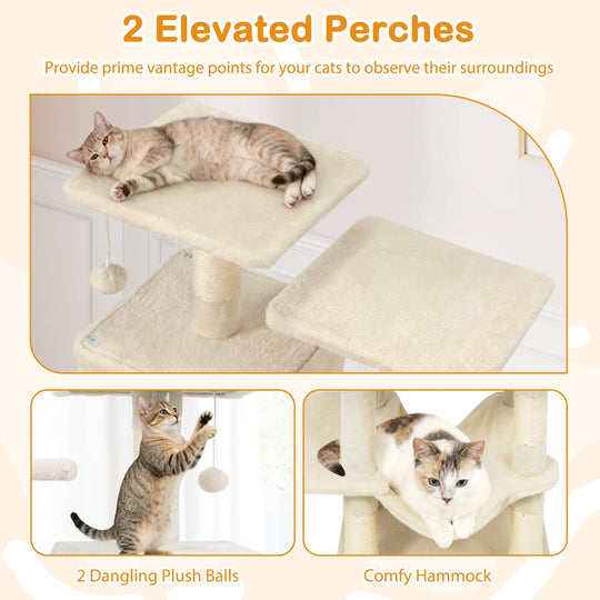 57 Inch Cat Tree with Dual Condos and Hammock and 2 Dangling Balls