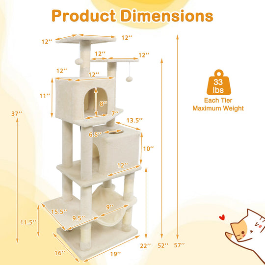 57 Inch Cat Tree with Dual Condos and Hammock and 2 Dangling Balls