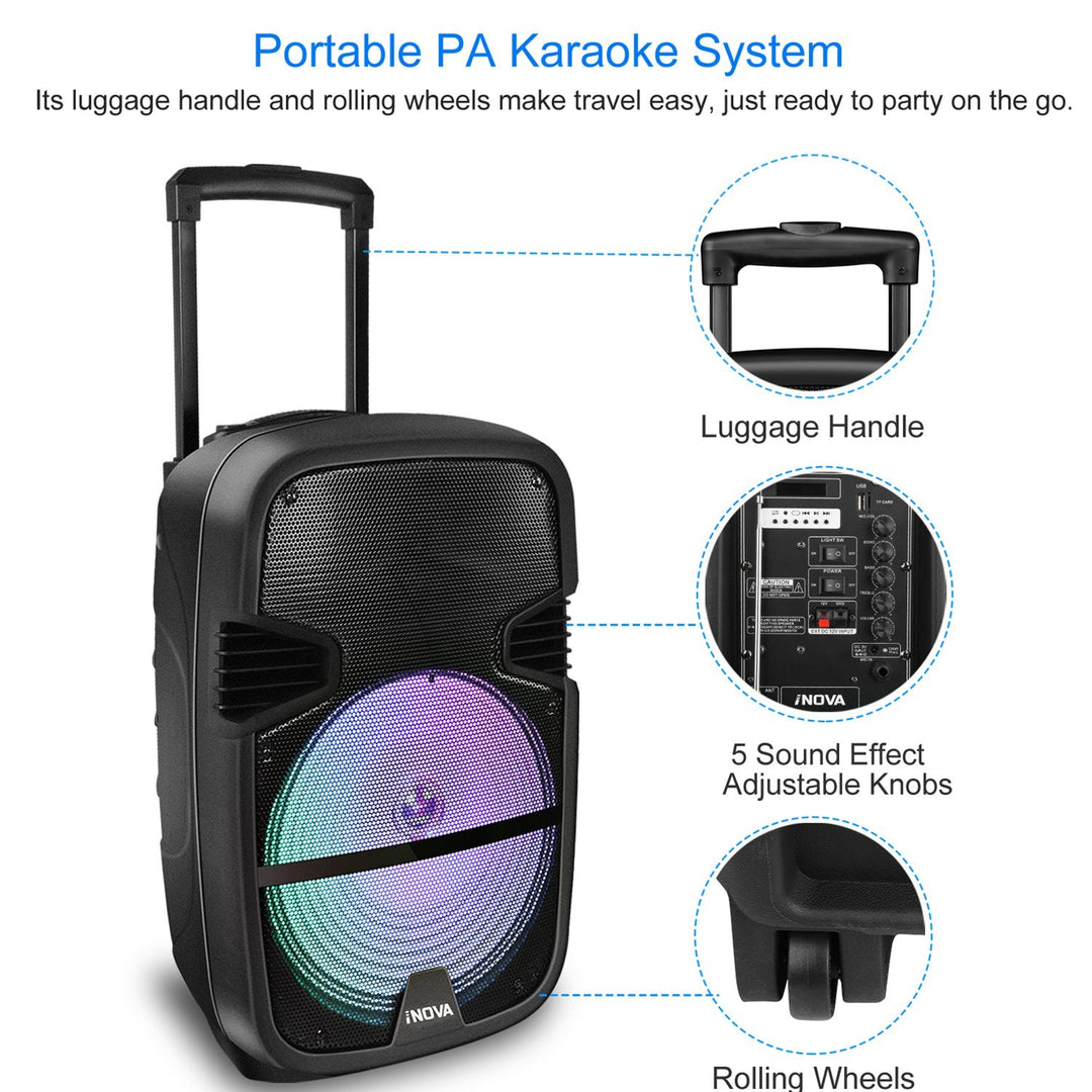 Wireless Speaker Portable PA Karaoke System with 12" Subwoofer Sound System Wired Microphone w/ DJ Lights FM Remote Control