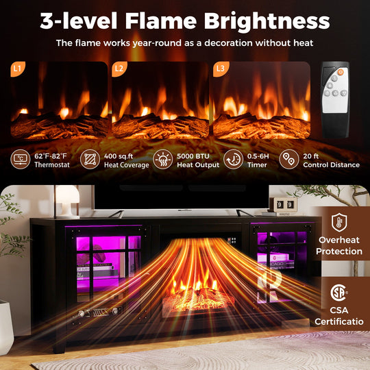 58" Fireplace TV Stand with LED Lights and 18" Electric Fireplace