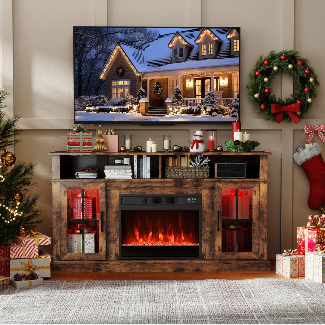 58 Inch Fireplace TV Stand with LED Lights with Storage Cabinets and Glass Doors