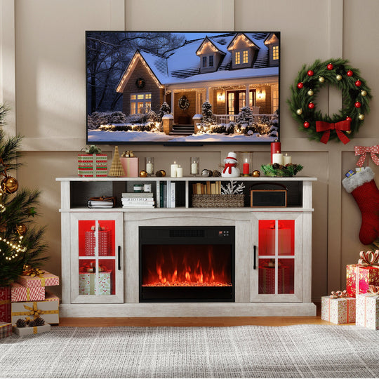 58 Inch Fireplace TV Stand with LED Lights with Storage Cabinets and Glass Doors