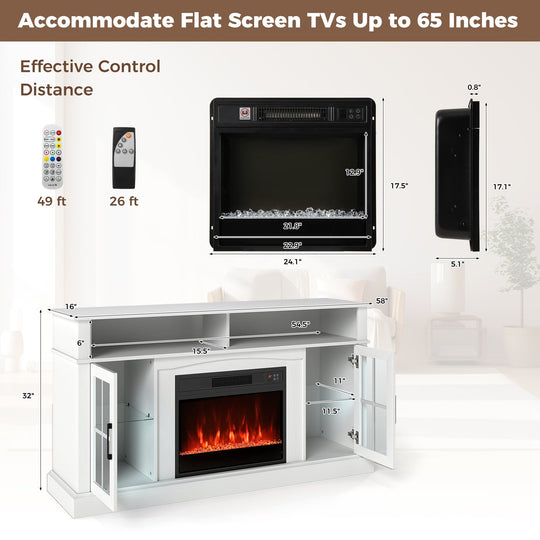 58 Inch Fireplace TV Stand with LED Lights with Storage Cabinets and Glass Doors