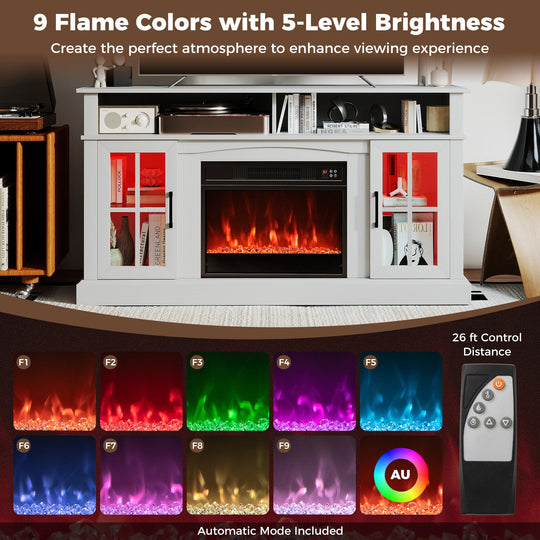 58 Inch Fireplace TV Stand with LED Lights with Storage Cabinets and Glass Doors