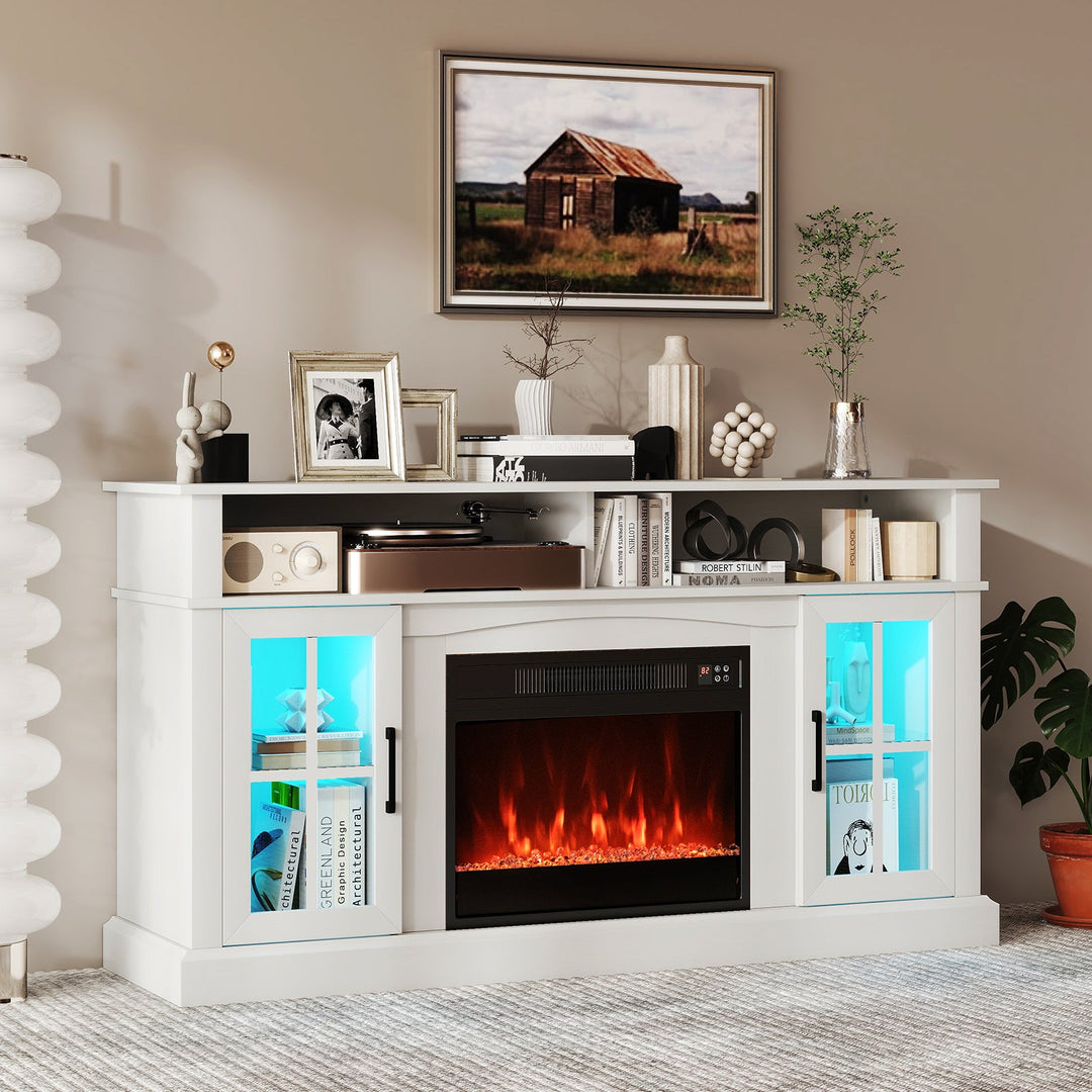 58 Inch Fireplace TV Stand with LED Lights with Storage Cabinets and Glass Doors