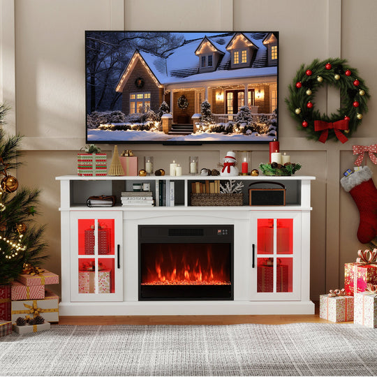58 Inch Fireplace TV Stand with LED Lights with Storage Cabinets and Glass Doors