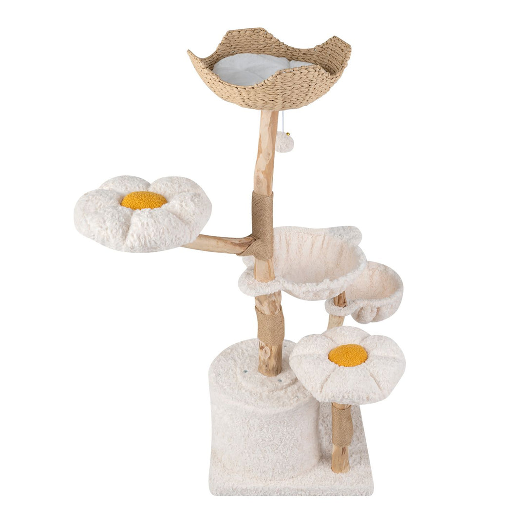 58 Inch Tall Solid Wood Cat Tree with 2 Flower Platforms and Hammocks-White
