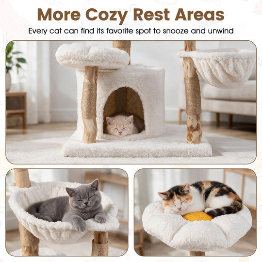 58 Inch Tall Solid Wood Cat Tree with 2 Flower Platforms and Hammocks-White