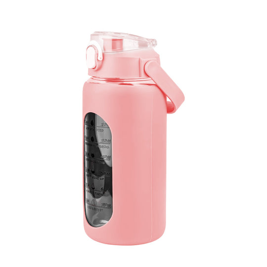 34Oz Glass Water Bottle Sports Water Bottle Motivational Water Bottle Water Intake Tracker Bottle with Straw Time Marker Silicone Sleeve Handle for Gy