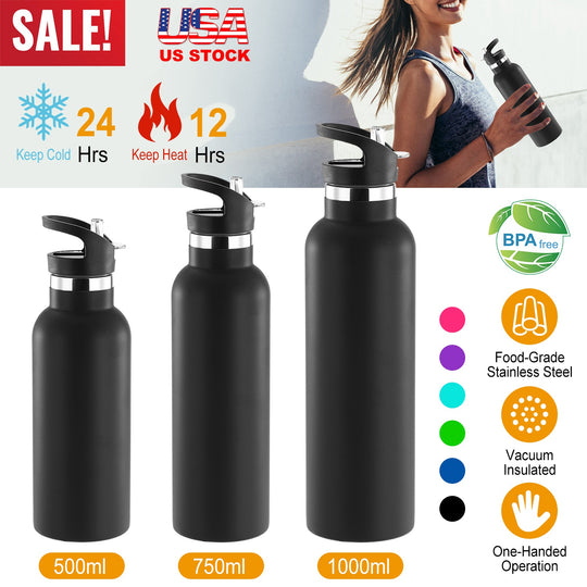 Sports Water Bottle Stainless Steel Vacuum-Insulated Drinking Cup w/ Straws Outdoor Cycling Hiking