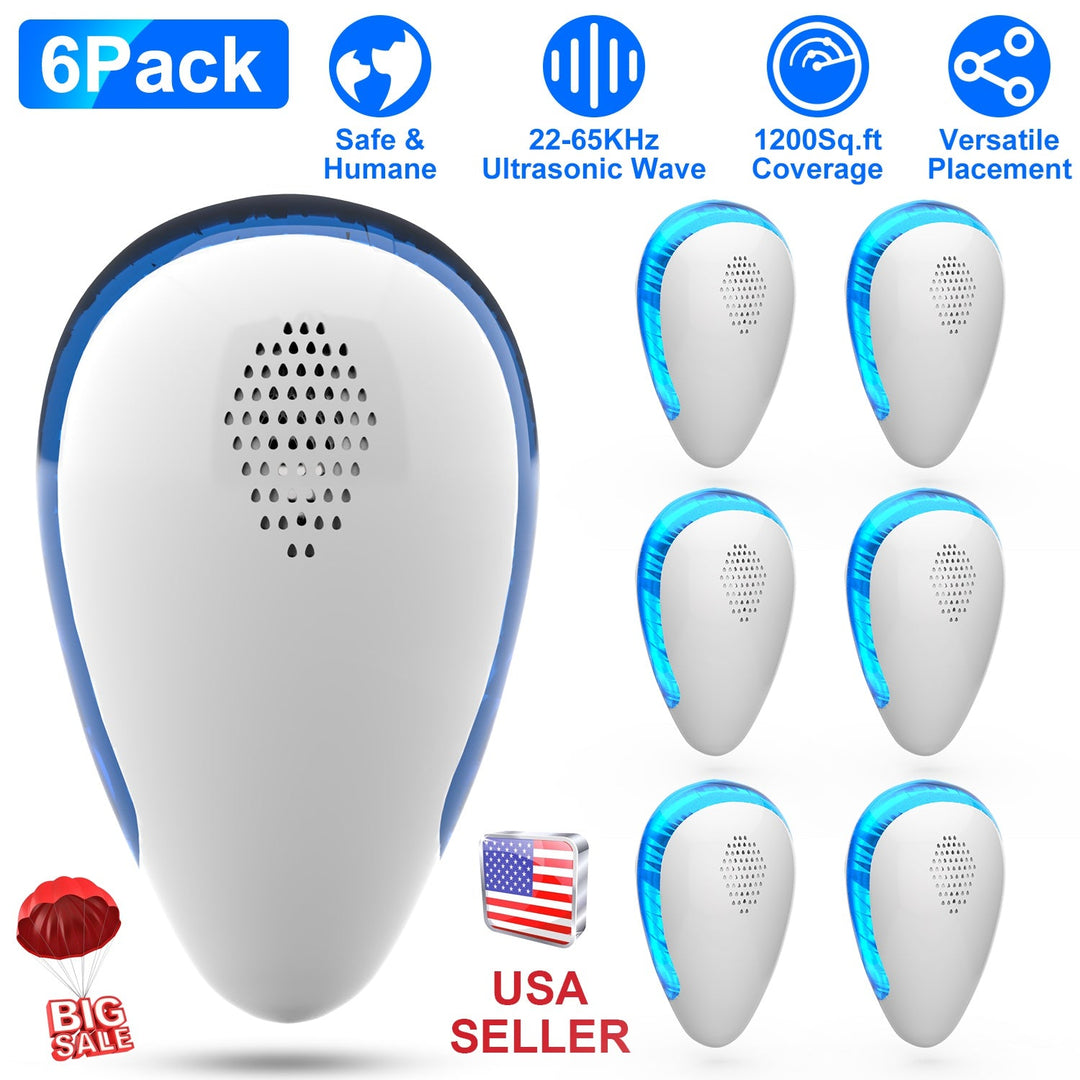 6 Pack Ultrasonic Pest Repeller Indoor Plug In Bug Repellent Mosquito Spider Ant Roaches Mice Control for Bedroom Garage Warehouse Office