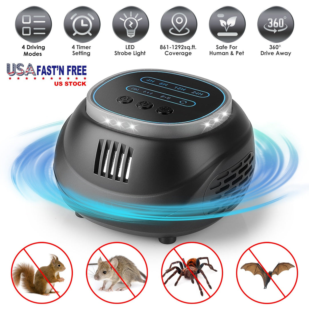 Ultrasonic Rodent Chaser Rat Repellent Pest Driver Mouse Control Squirrel Repeller with 4 Modes 4-65KHz Strobe Light 4 Timer 1292sq.ft. Coverage for R