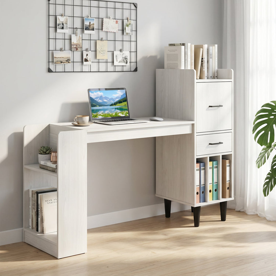 59" L-Shaped Corner Desk with Storage Shelves and Drawer