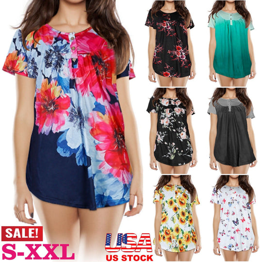 Women Summer Shirts Tops Loose Short Sleeve T Shirts Casual Floral Printed Button Shirts Blouse S-XXL
