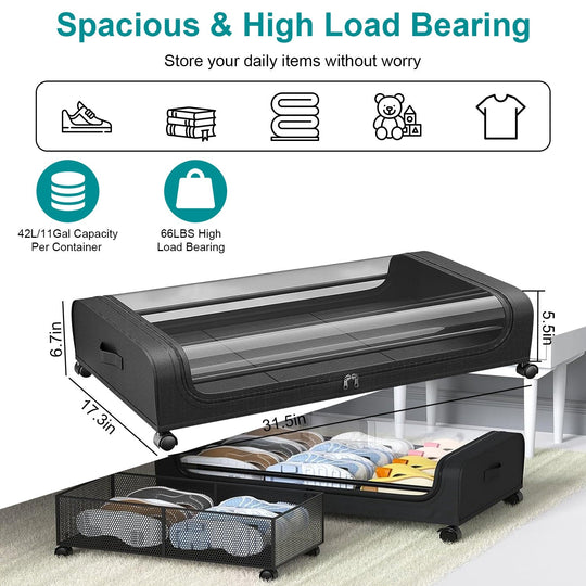 2Packs Under Bed Storage Containers Rolling Clothing Organizer 42L/11Gal Under BedÊDrawers with Clear Lid 360¡ Lockable Rolling Wheels Strap Handles