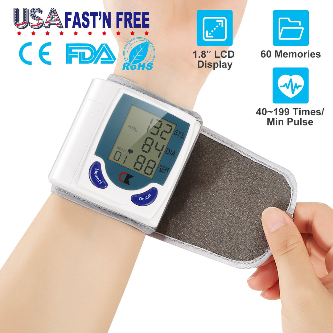 Blood Pressure Monitor Wrist Digital High Blood Pressure Cuff Heartbeat Tester w/ 60 Reading Memory 1.8 Inches LCD Screen Storage Box